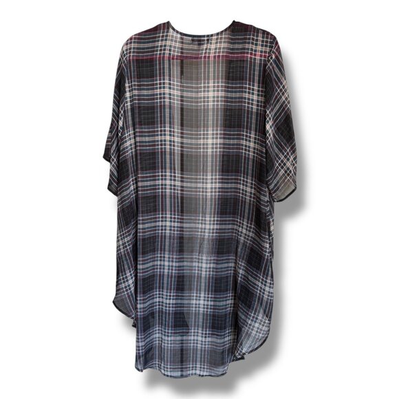 Torrid Memory Plaid Shirttail Kimono Lightweight Sheer Blue Beige Wine 1 1X - Picture 6 of 9